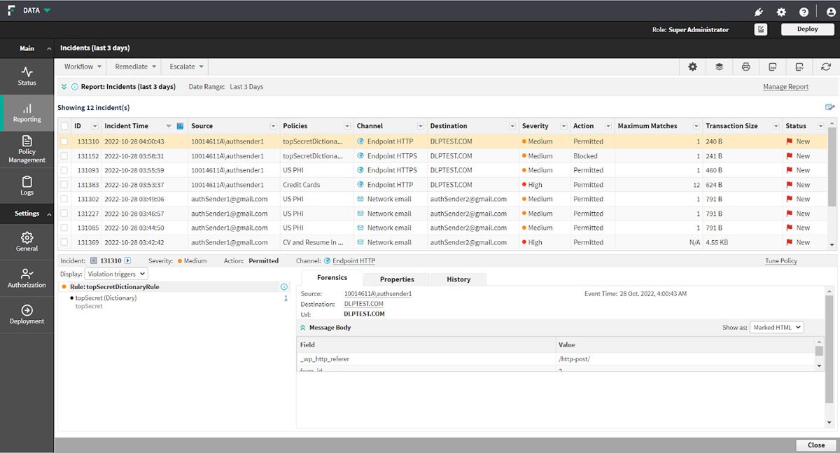 Forcepoint DLP interface.