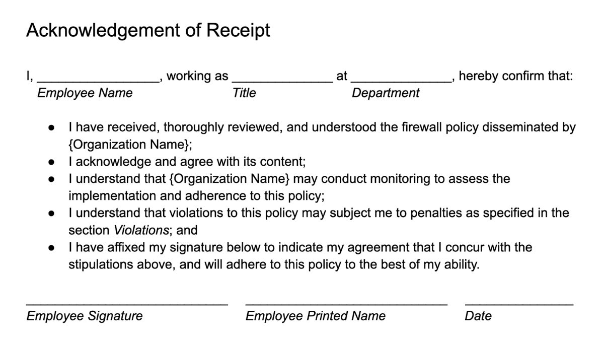 Acknowledgement of Receipt section of the firewall policy.