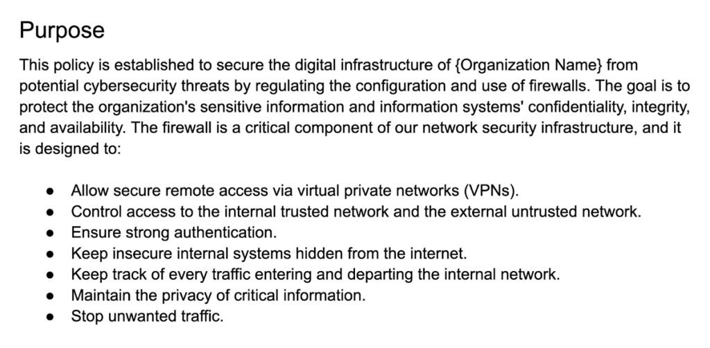 Purpose section of the firewall policy.