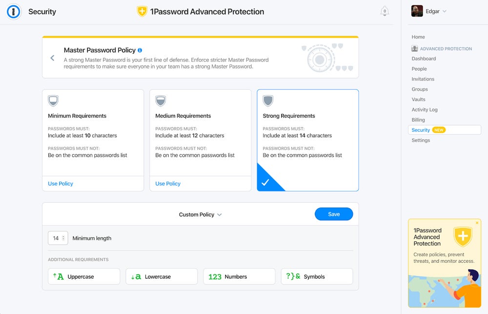 Master password policy in 1Password.