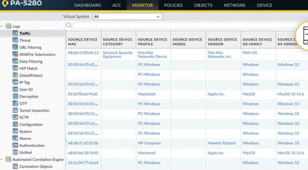 Palo Alto Networks PAN-OS traffic dashboard