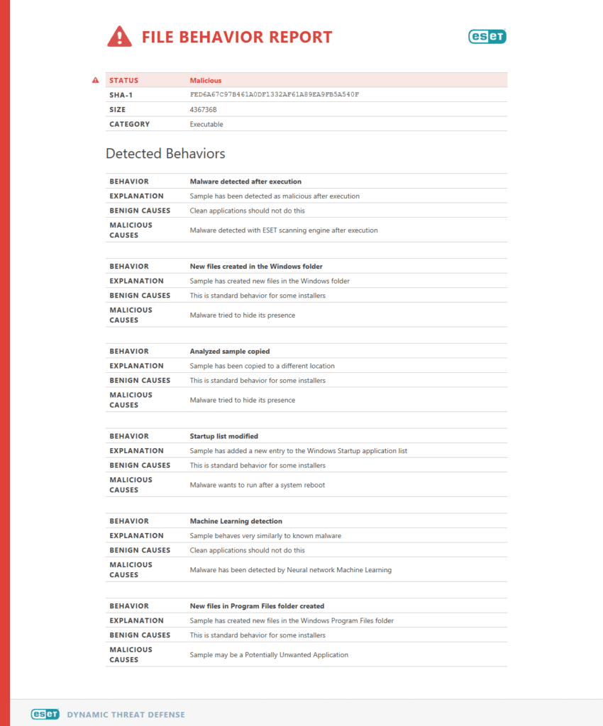 eset file behavior report showing the status and detected behaviors