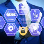 Cybersecurity concept with businessman pressing button.