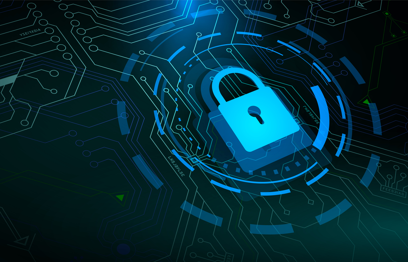 Vector illustration of a blue padlock and HUD circle elements on microchip background.