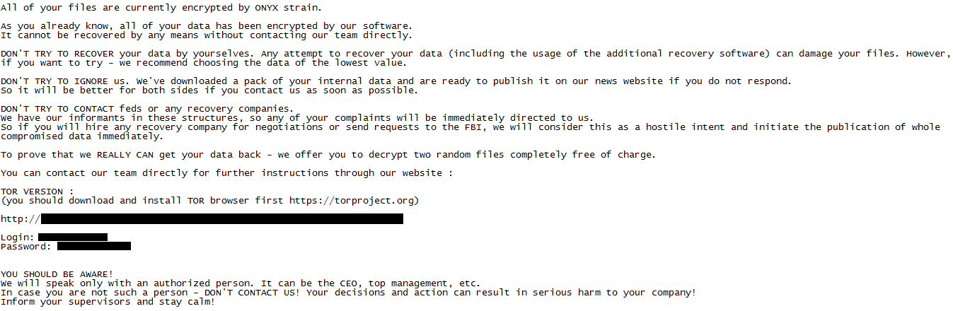 onyx ransomware note