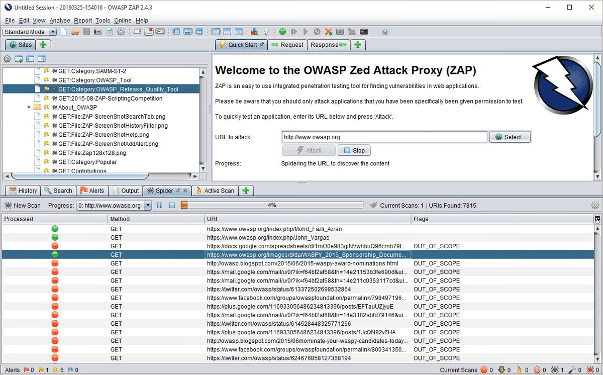 OWASP ZAP dashboard