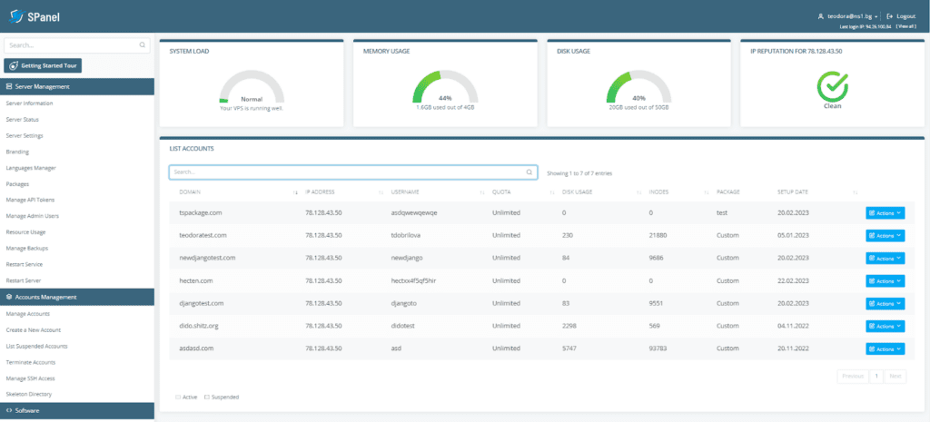 SPanel admin interface.