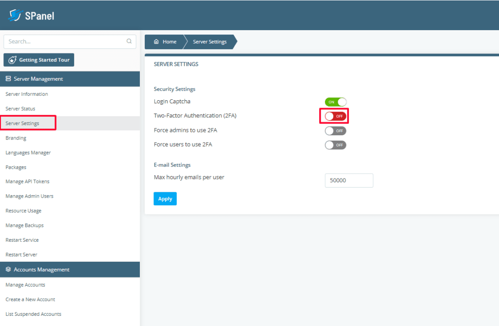 SPanel server settings interface.